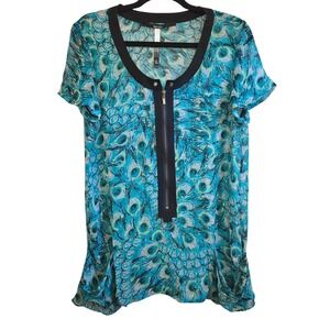 Kensie Artsy Sheer Peacock Feather Print Chiffon Blouse LG Teal Blue Zip Front